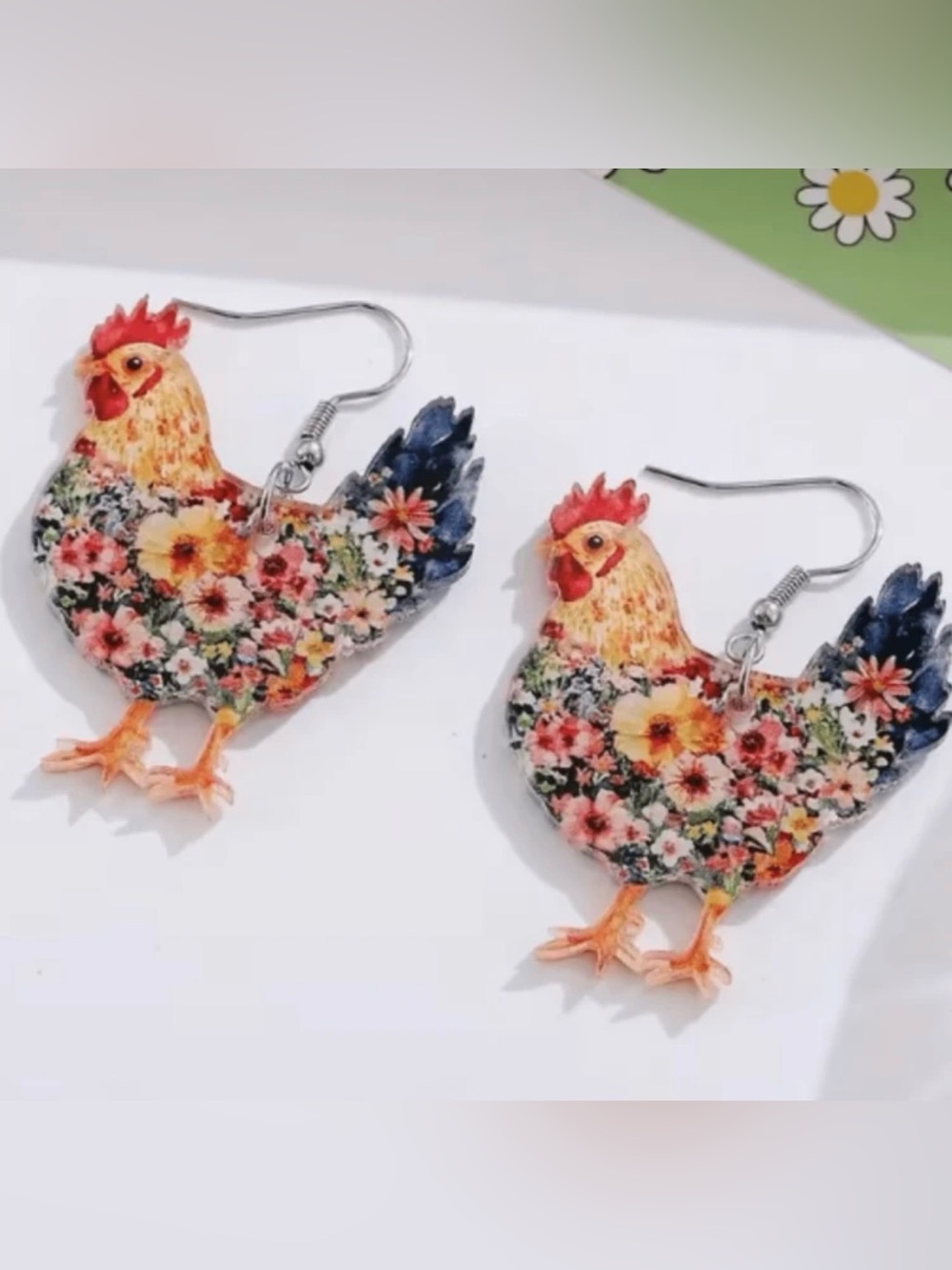 Floral Chicken Dangle Earrings